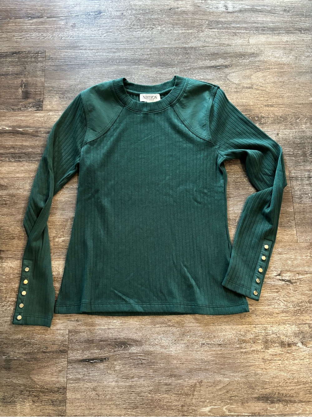 Nation LTD Dark Green Ribbed Long-Sleeve Top with Gold Buttons